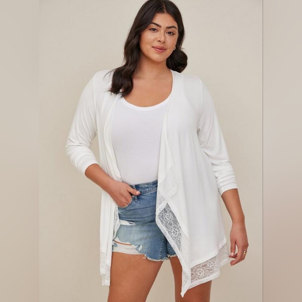 Ivory Cardigan, Torrid, Drape Front, Lace Detail, Size 4x